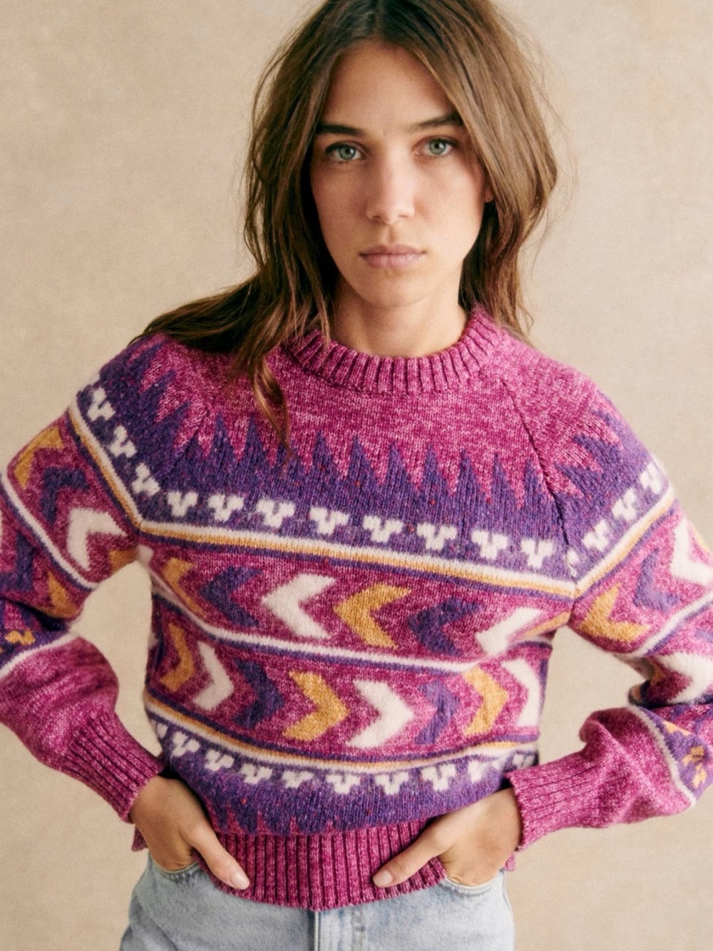 Sezane Willem Jumper - Pink, Purple, White & Yellow Geometric Crewneck Sweater